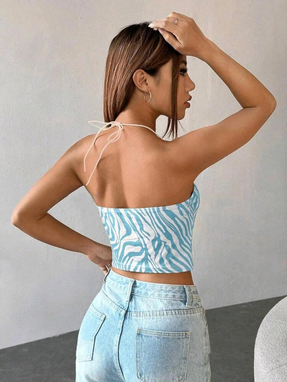 Trendy Zebra Stripe Print Back Lace Short Suspended Slight Stretch Tank Top Mssza