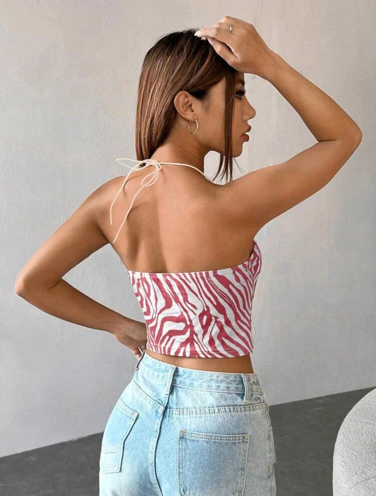 Trendy Zebra Stripe Print Back Lace Short Suspended Slight Stretch Tank Top Mssza