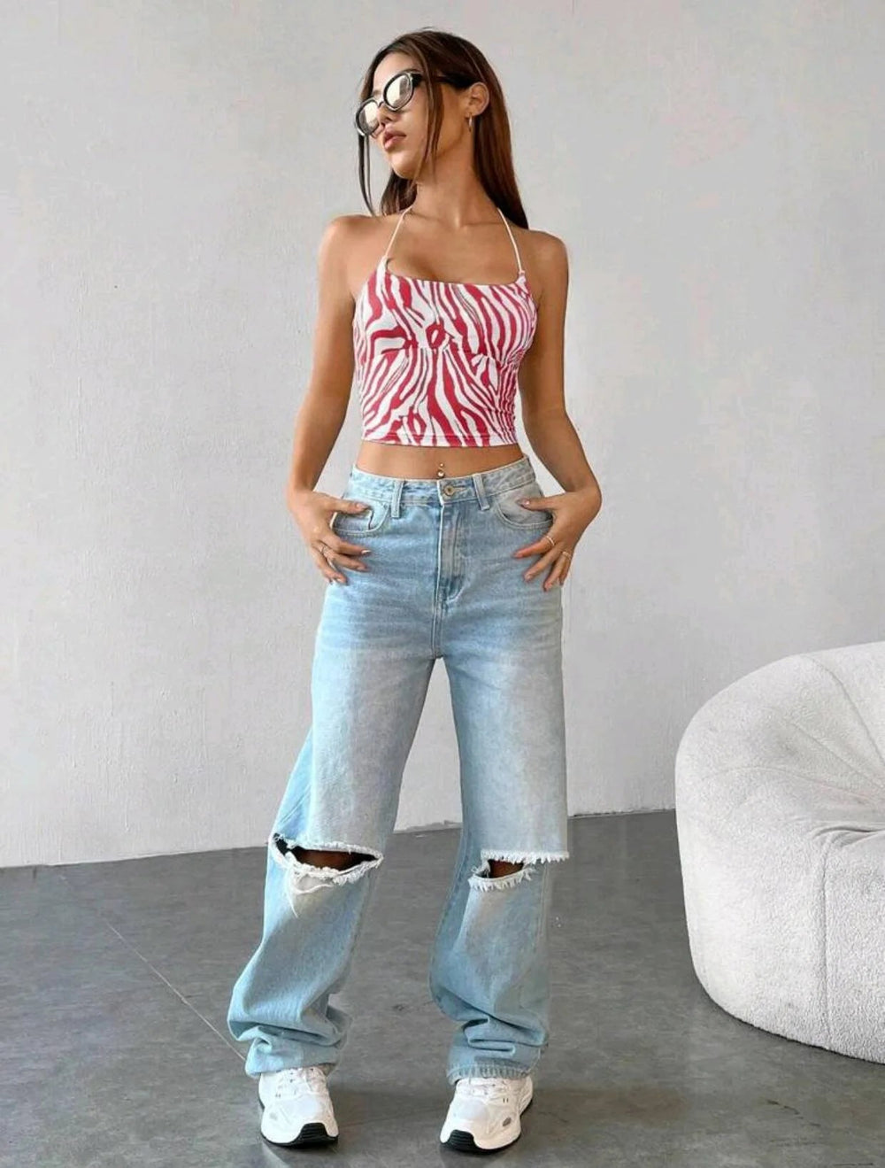 Trendy Zebra Stripe Print Back Lace Short Suspended Slight Stretch Tank Top Mssza