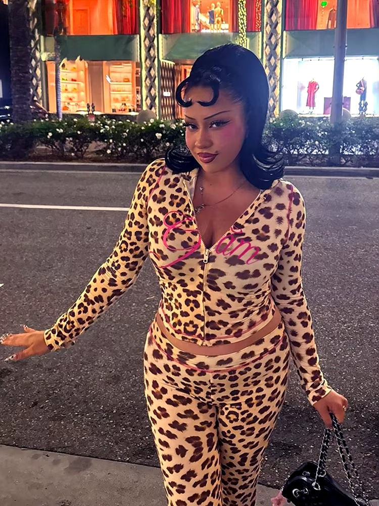 Trendy Zipper Mid Waist Leopard Print Pant And Top Suit 2 Piece Set Mssza