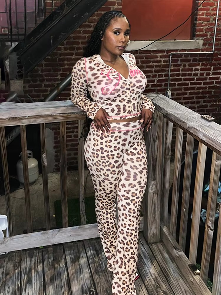 Trendy Zipper Mid Waist Leopard Print Pant And Top Suit 2 Piece Set Mssza