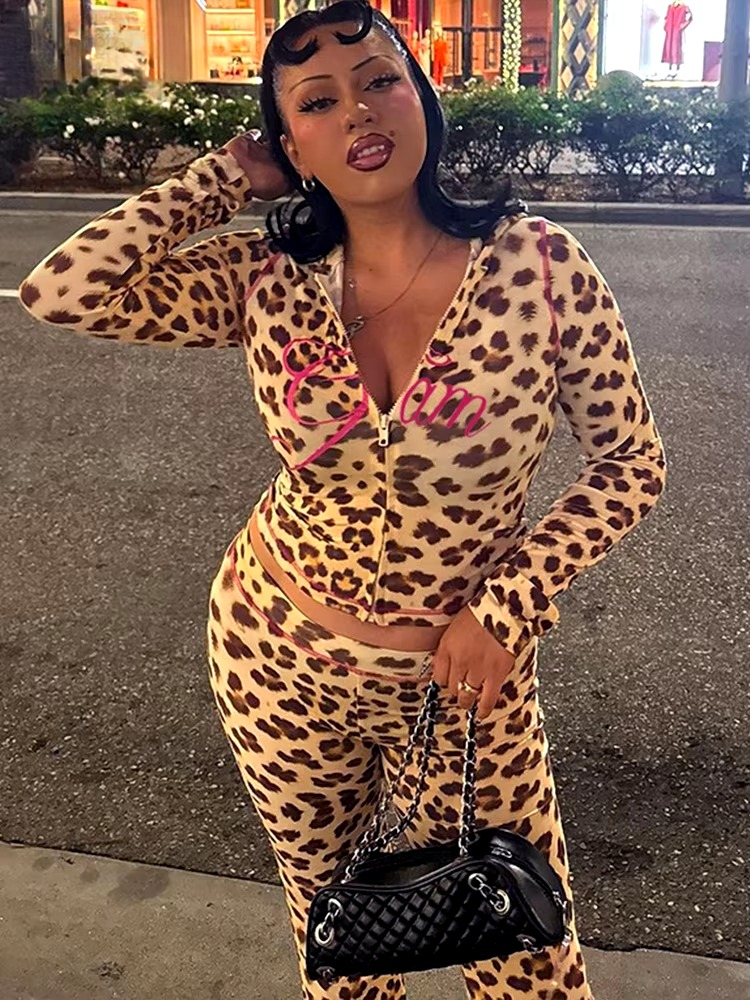 Trendy Zipper Mid Waist Leopard Print Pant And Top Suit 2 Piece Set Mssza