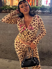 Trendy Zipper Mid Waist Leopard Print Pant And Top Suit 2 Piece Set Mssza