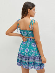 Tribal Flower Print Tie Strap Tiered Skirt Two Pieces Suit Mssza