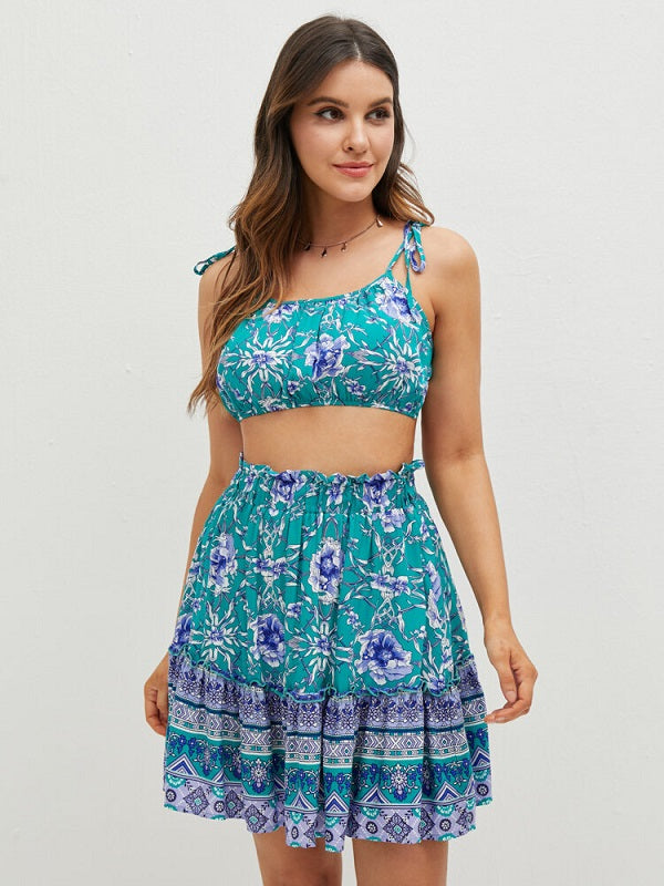 Tribal Flower Print Tie Strap Tiered Skirt Two Pieces Suit Mssza
