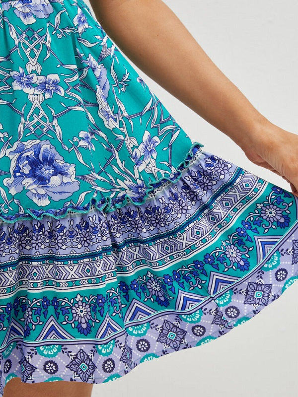 Tribal Flower Print Tie Strap Tiered Skirt Two Pieces Suit Mssza