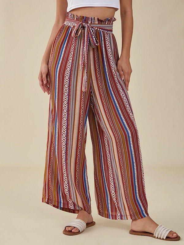 Tribal Pattern Elastic Waist Belt Wide Leg Bohemian Pants Mssza