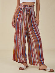 Tribal Pattern Elastic Waist Belt Wide Leg Bohemian Pants Mssza