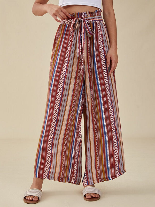 Tribal Pattern Elastic Waist Belt Wide Leg Bohemian Pants Mssza