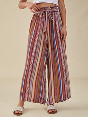 Tribal Pattern Elastic Waist Belt Wide Leg Bohemian Pants Mssza