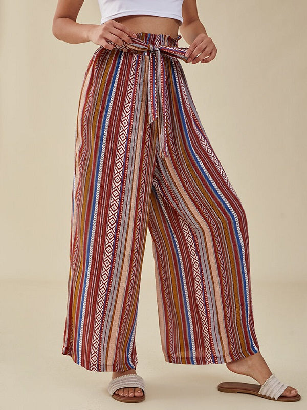 Tribal Pattern Elastic Waist Belt Wide Leg Bohemian Pants Mssza
