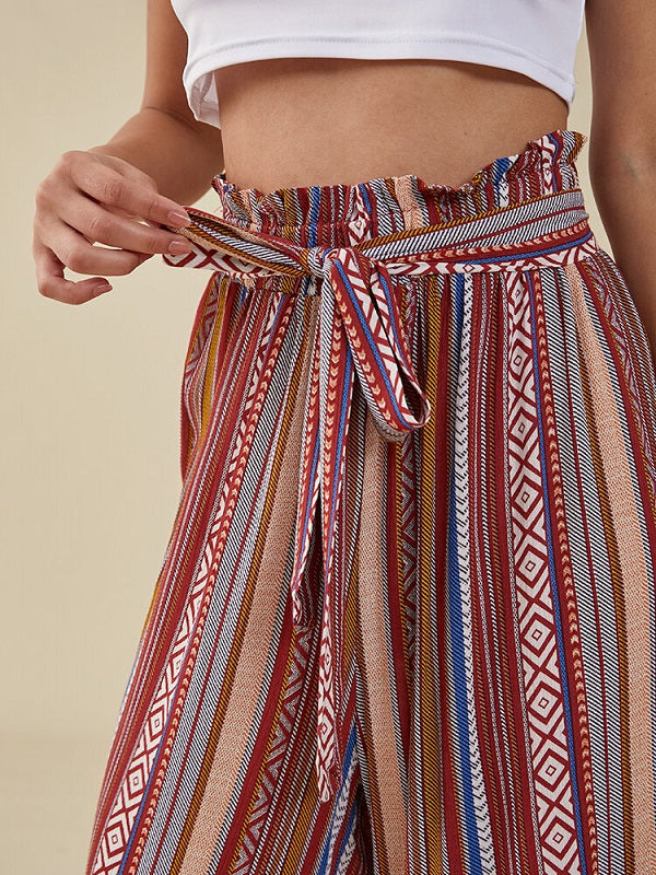 Tribal Pattern Elastic Waist Belt Wide Leg Bohemian Pants Mssza