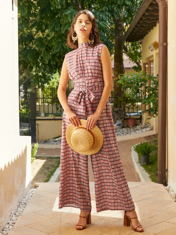 Tribal Pattern Pocket Tie Sleeveless Wide Leg Jumpsuit Mssza