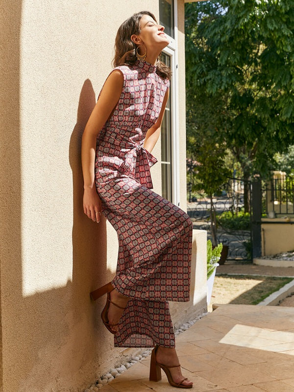 Tribal Pattern Pocket Tie Sleeveless Wide Leg Jumpsuit Mssza