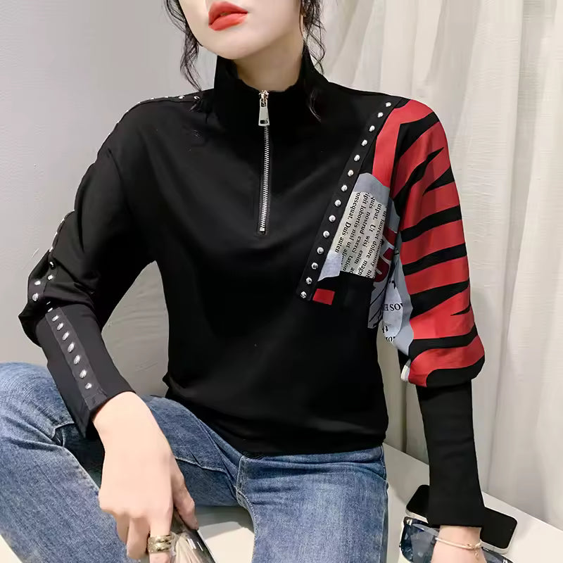 Turn Down Collar Print Zipper Diamonds Long Sleeve Tshirt Mssza