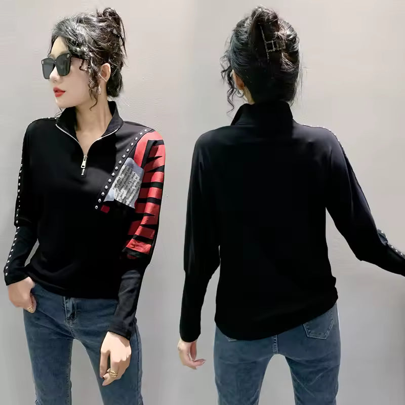 Turn Down Collar Print Zipper Diamonds Long Sleeve Tshirt Mssza
