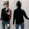 Turn Down Collar Print Zipper Diamonds Long Sleeve Tshirt Mssza