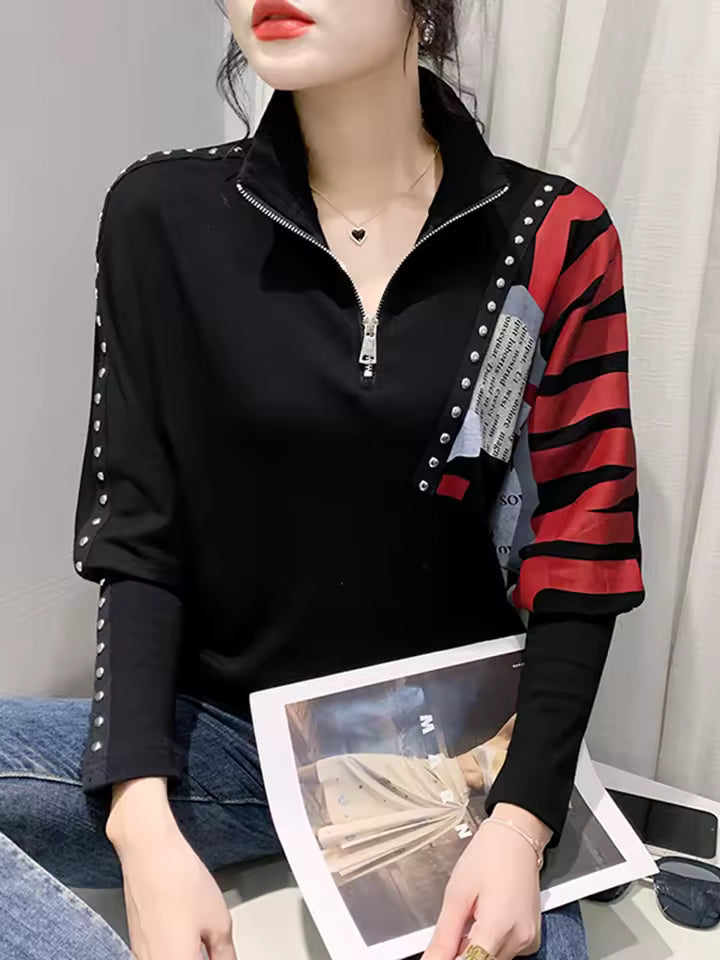 Turn Down Collar Print Zipper Diamonds Long Sleeve Tshirt Mssza