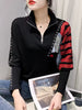 Turn Down Collar Print Zipper Diamonds Long Sleeve Tshirt Mssza