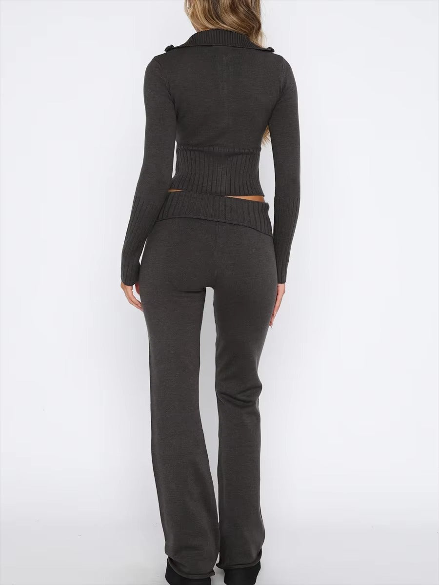 Casual Turn-Down Collar Zipper Long Sleeve Sweater Crop Fall Knit Pants Set Outfits Mssza