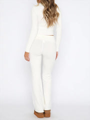 Casual Turn-Down Collar Zipper Long Sleeve Sweater Crop Fall Knit Pants Set Outfits Mssza