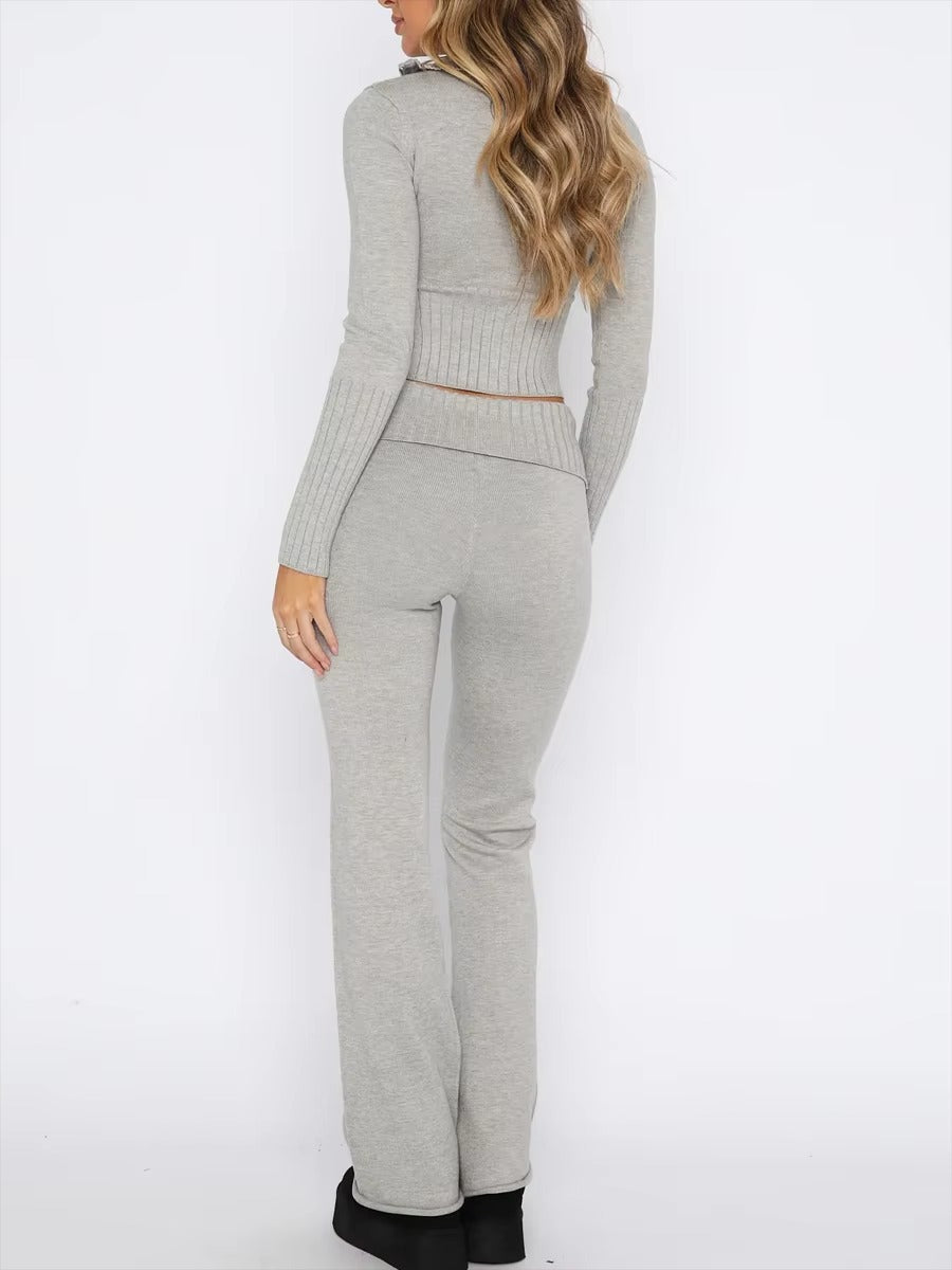 Casual Turn-Down Collar Zipper Long Sleeve Sweater Crop Fall Knit Pants Set Outfits Mssza