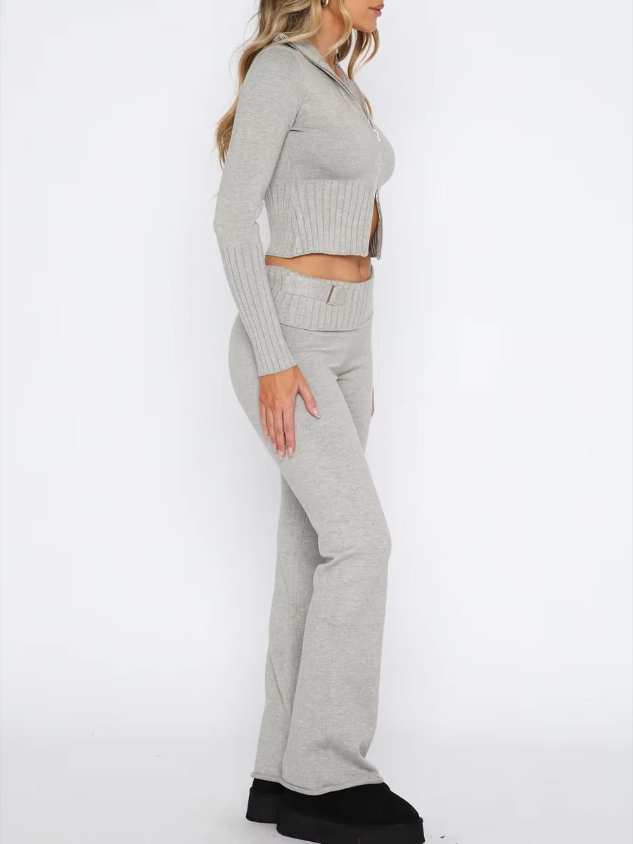 Casual Turn-Down Collar Zipper Long Sleeve Sweater Crop Fall Knit Pants Set Outfits Mssza