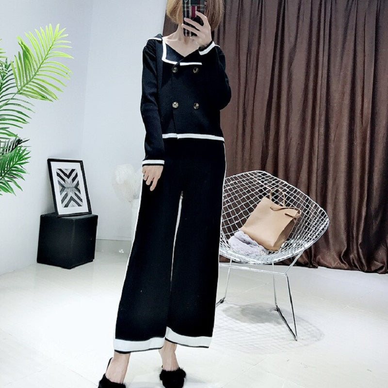 Turn-down Collar Double Breasted Loose Knitted Set Mssza