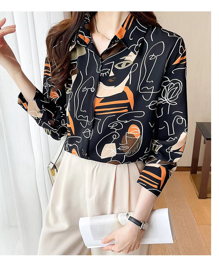 Turn-down Collar Long Sleeve Casual All-match Simplicity Loose Abstract Chiffon Tops Mssza