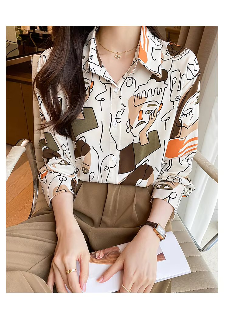 Turn-down Collar Long Sleeve Casual All-match Simplicity Loose Abstract Chiffon Tops Mssza