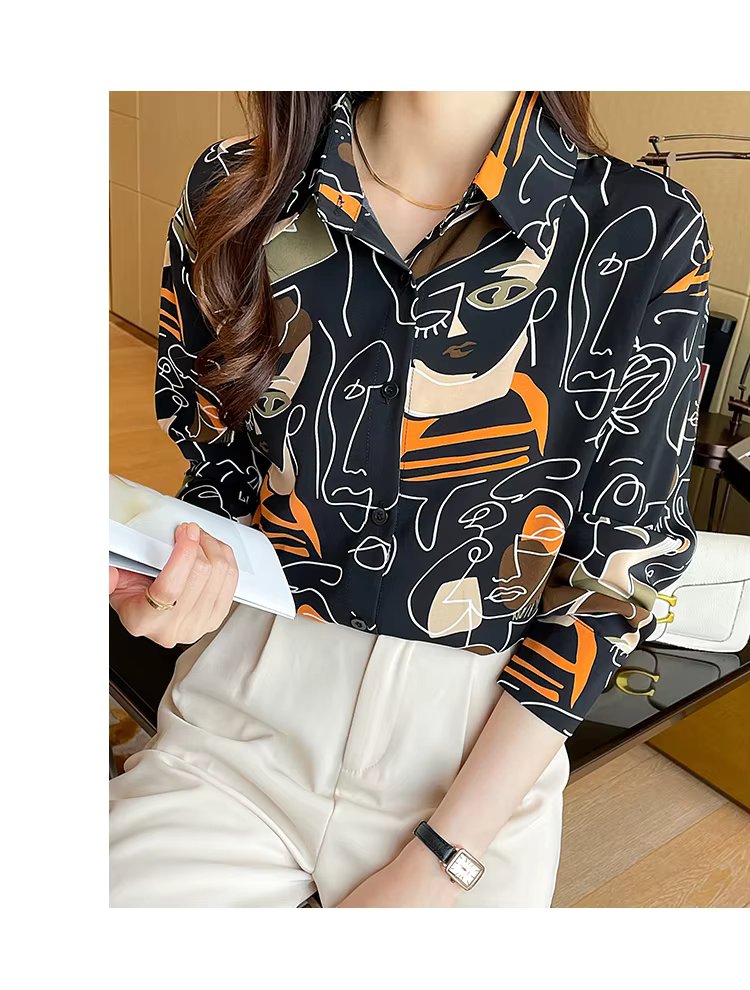 Turn-down Collar Long Sleeve Casual All-match Simplicity Loose Abstract Chiffon Tops Mssza