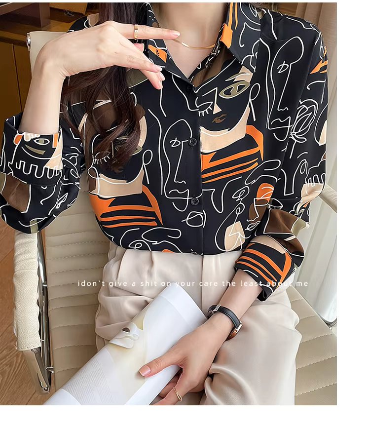 Turn-down Collar Long Sleeve Casual All-match Simplicity Loose Abstract Chiffon Tops Mssza