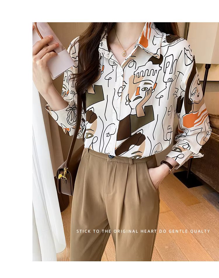 Turn-down Collar Long Sleeve Casual All-match Simplicity Loose Abstract Chiffon Tops Mssza