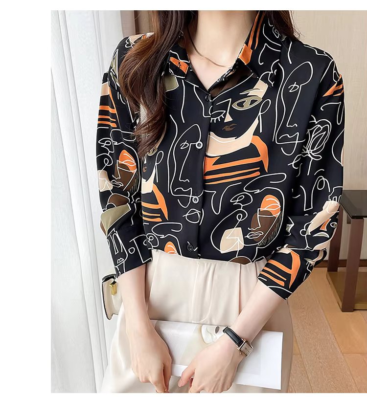 Turn-down Collar Long Sleeve Casual All-match Simplicity Loose Abstract Chiffon Tops Mssza