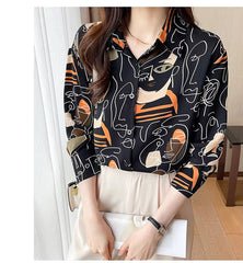 Turn-down Collar Long Sleeve Casual All-match Simplicity Loose Abstract Chiffon Tops Mssza