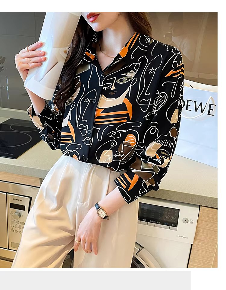 Turn-down Collar Long Sleeve Casual All-match Simplicity Loose Abstract Chiffon Tops Mssza