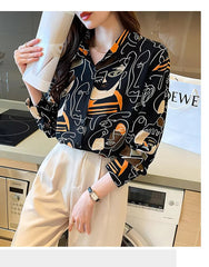 Turn-down Collar Long Sleeve Casual All-match Simplicity Loose Abstract Chiffon Tops Mssza