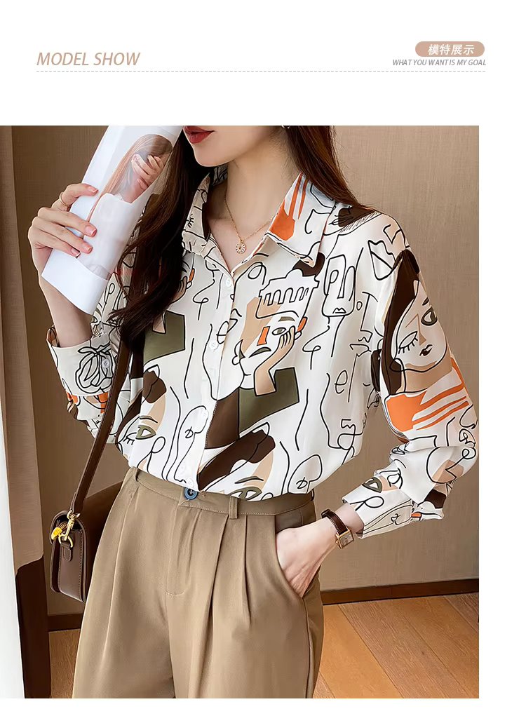 Turn-down Collar Long Sleeve Casual All-match Simplicity Loose Abstract Chiffon Tops Mssza