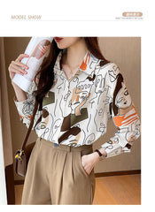 Turn-down Collar Long Sleeve Casual All-match Simplicity Loose Abstract Chiffon Tops Mssza