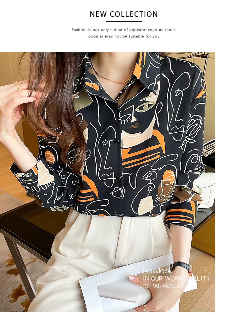 Turn-down Collar Long Sleeve Casual All-match Simplicity Loose Abstract Chiffon Tops Mssza