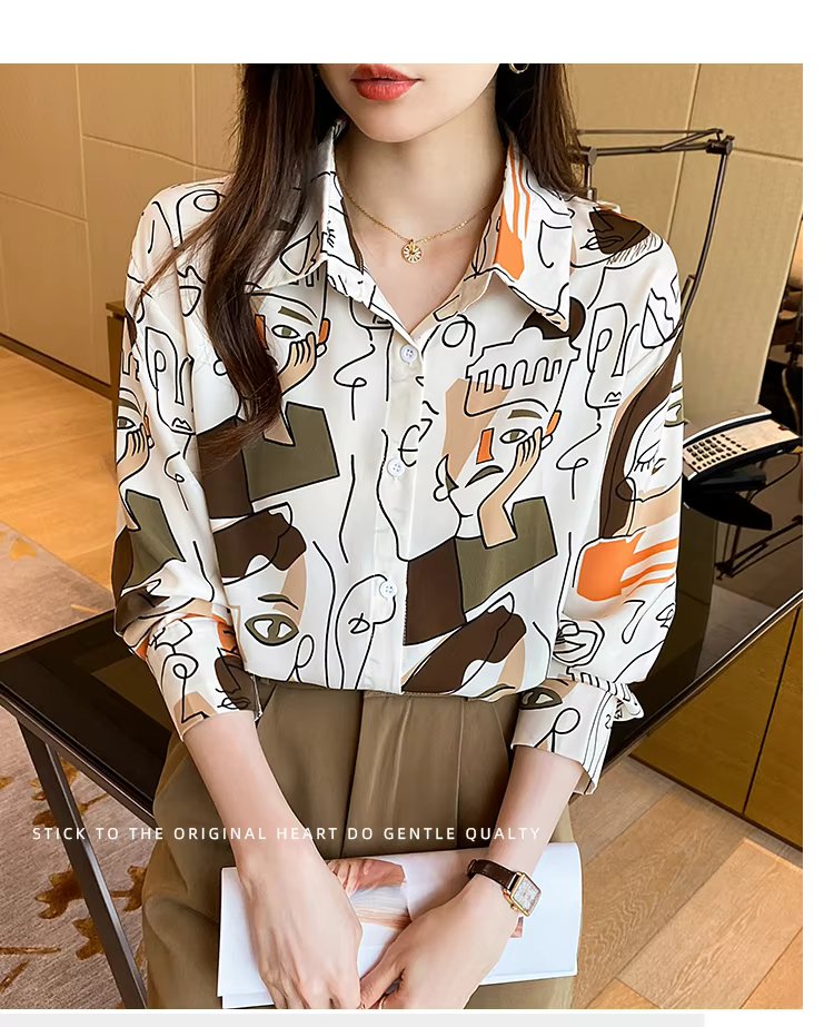 Turn-down Collar Long Sleeve Casual All-match Simplicity Loose Abstract Chiffon Tops Mssza