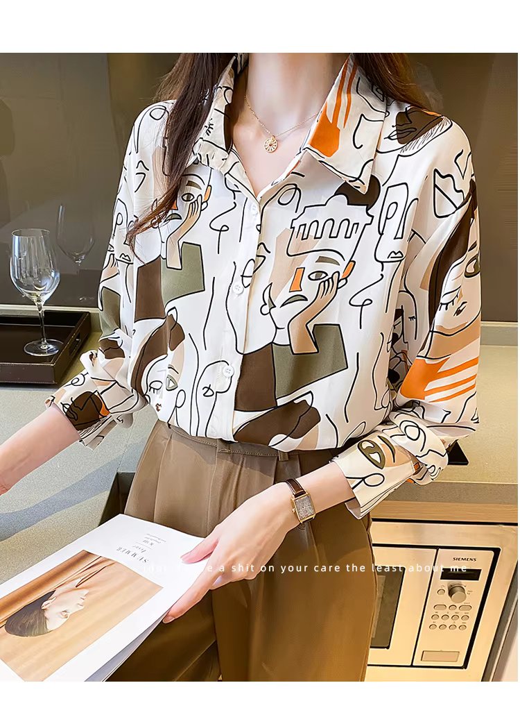 Turn-down Collar Long Sleeve Casual All-match Simplicity Loose Abstract Chiffon Tops Mssza