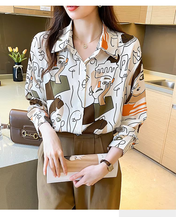 Turn-down Collar Long Sleeve Casual All-match Simplicity Loose Abstract Chiffon Tops Mssza