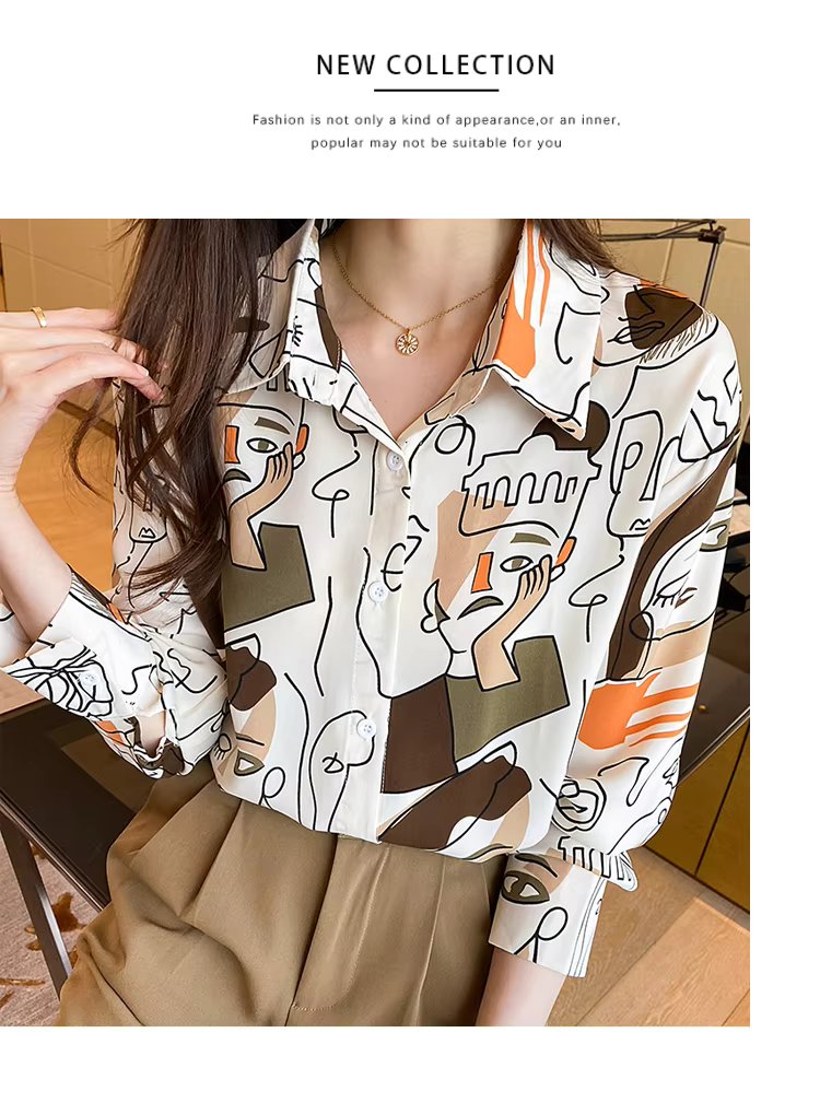 Turn-down Collar Long Sleeve Casual All-match Simplicity Loose Abstract Chiffon Tops Mssza