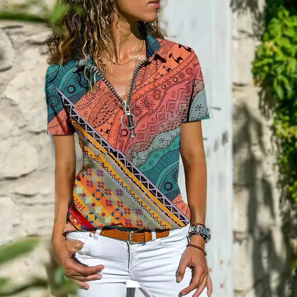 Turn-down Collar Printing Pullover Bohemian Zipper Tops Mssza