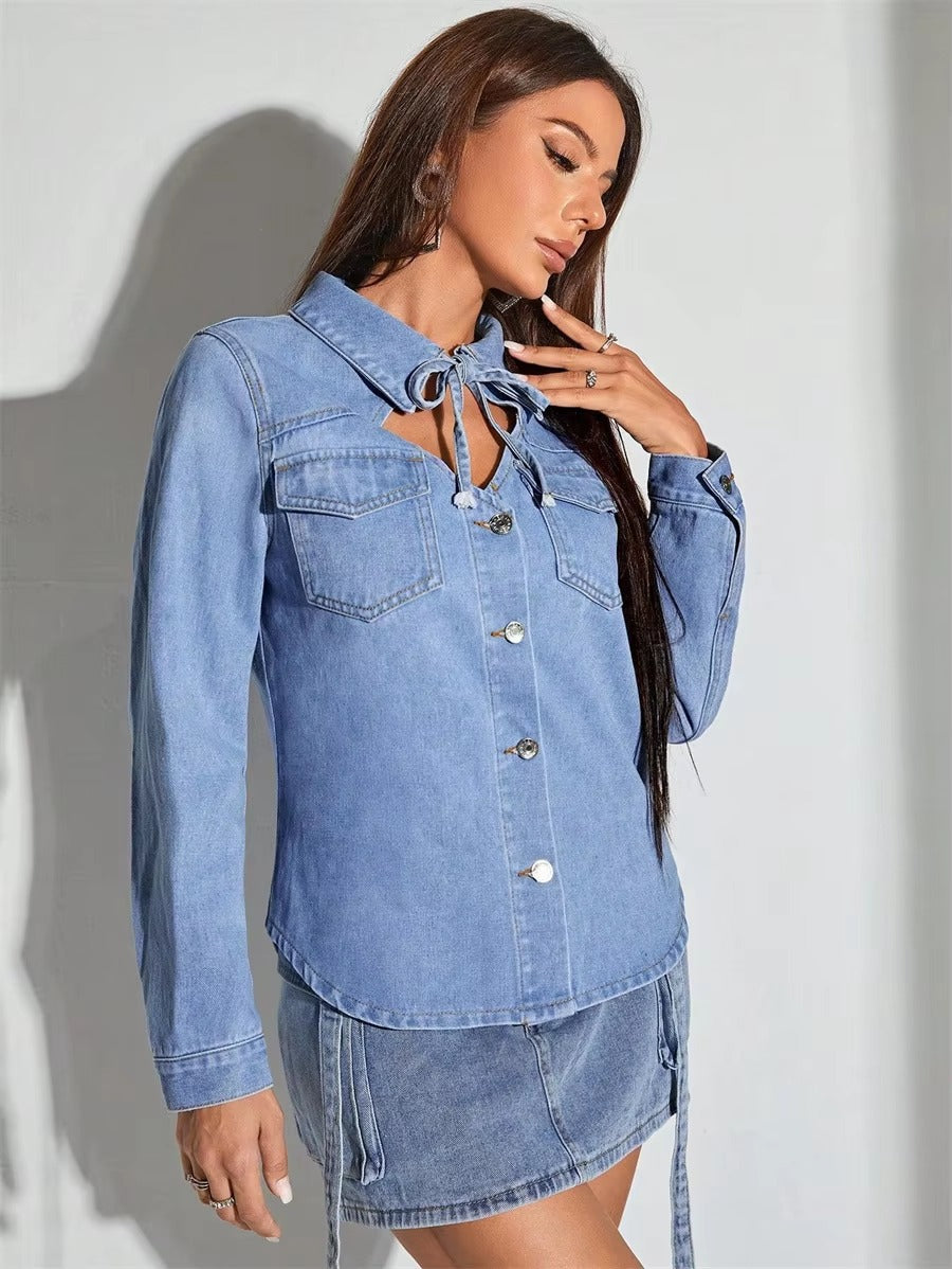 Casual Turn-down Collar Tie Front Denim Retro Long Sleeve Button Up Jean Shirt Top Mssza