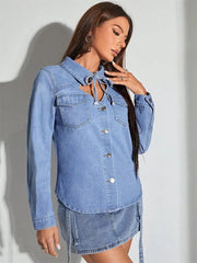 Casual Turn-down Collar Tie Front Denim Retro Long Sleeve Button Up Jean Shirt Top Mssza