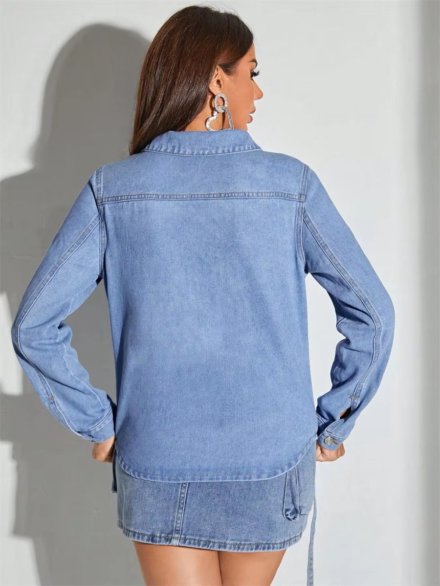 Casual Turn-down Collar Tie Front Denim Retro Long Sleeve Button Up Jean Shirt Top Mssza
