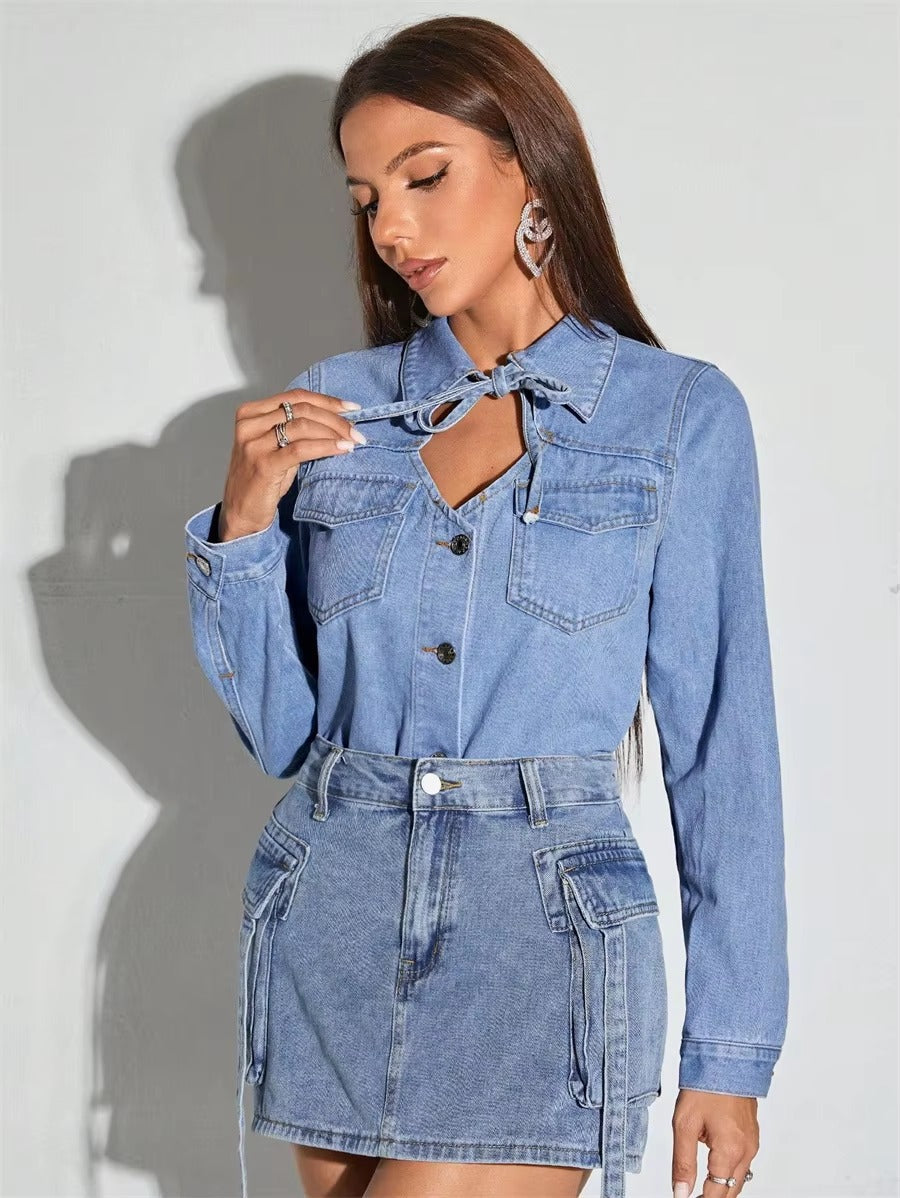 Casual Turn-down Collar Tie Front Denim Retro Long Sleeve Button Up Jean Shirt Top Mssza