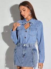 Casual Turn-down Collar Tie Front Denim Retro Long Sleeve Button Up Jean Shirt Top Mssza